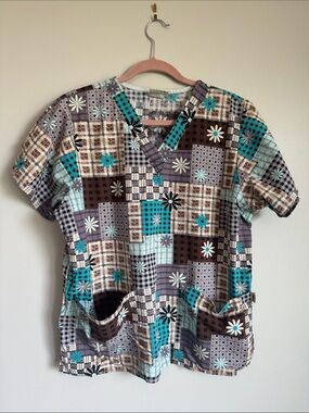 Tafford Plaid Patchwork V-Neck Shirt in Teal and Brown